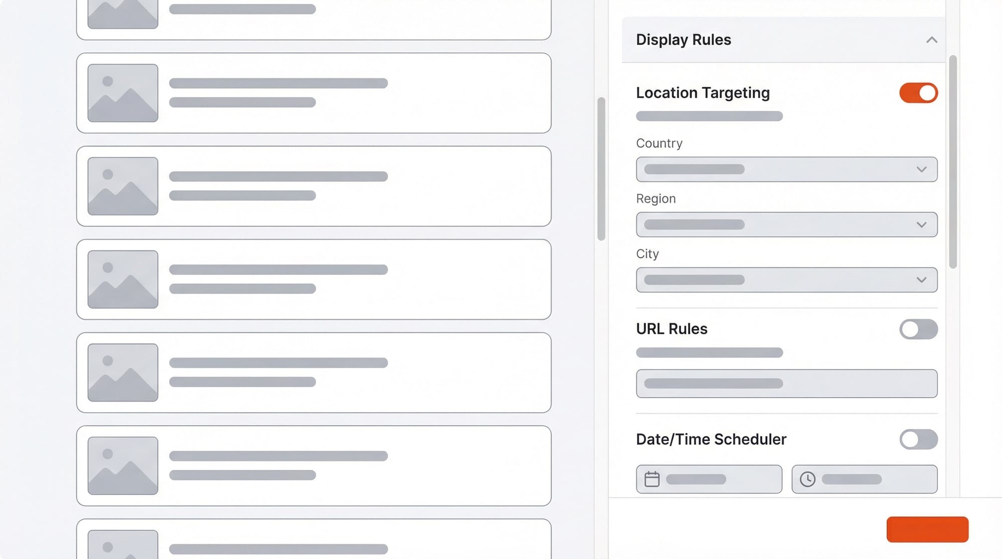ConversionWax banner builder interface showing display rules for location targeting, URL rules, and scheduling