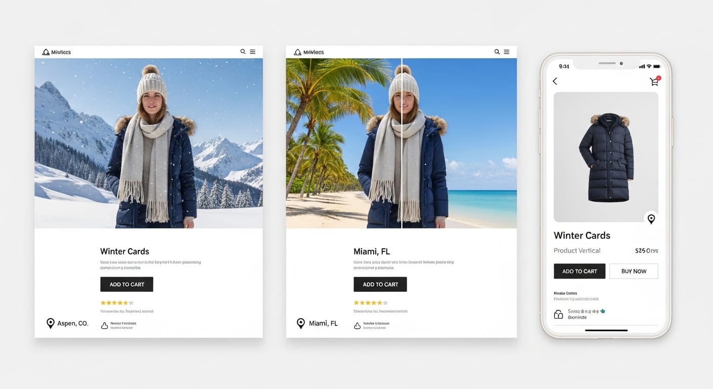 Ecommerce personalization examples showing the same product page with different regional imagery for different visitor locations