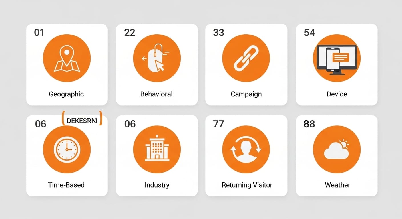 Eight types of website personalization illustrated with icons: geographic, behavioral, campaign, device, time-based, industry, returning visitor, and weather-based